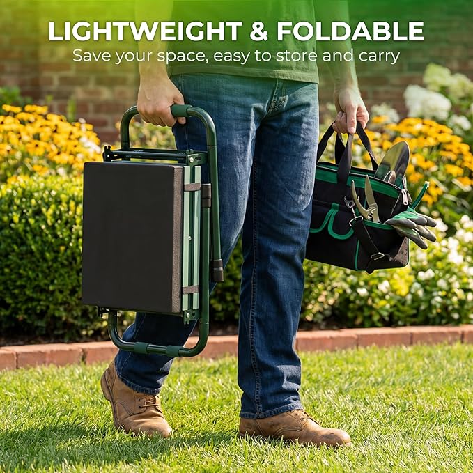 Walensee Foldable Garden Kneeler and Seat Bench with Cross-Body Tool Bag, Removable Tool Pouch, Heavy Duty Garden Stool with Soft Kneeling Pad, No Assembly,Ideal Gardening Gift for Mom Women Seniors