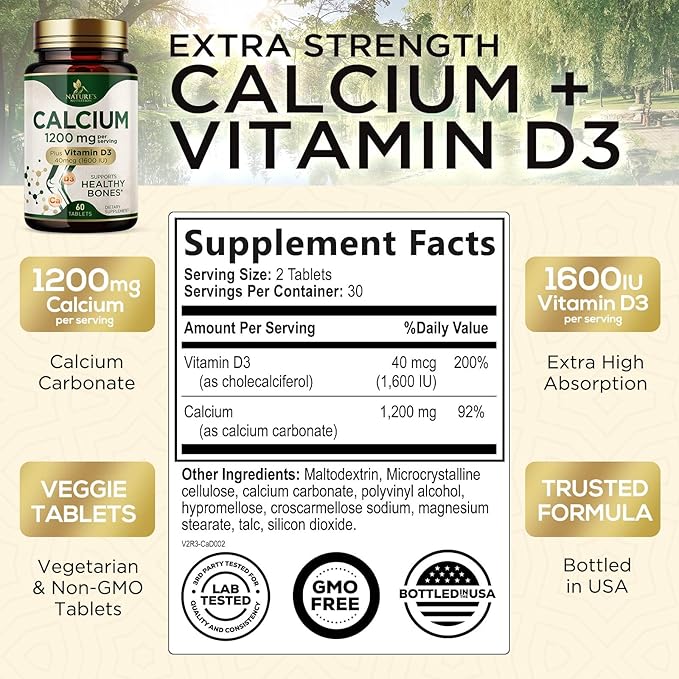 Calcium 1200 mg with Vitamin D3 - Per Serving - Bone Health Supplement - Vitamin D & Calcium Supplements for Women & Men - Bone Strength Support - Natural Calcium Pills - Bottled in USA - 60 Tablets