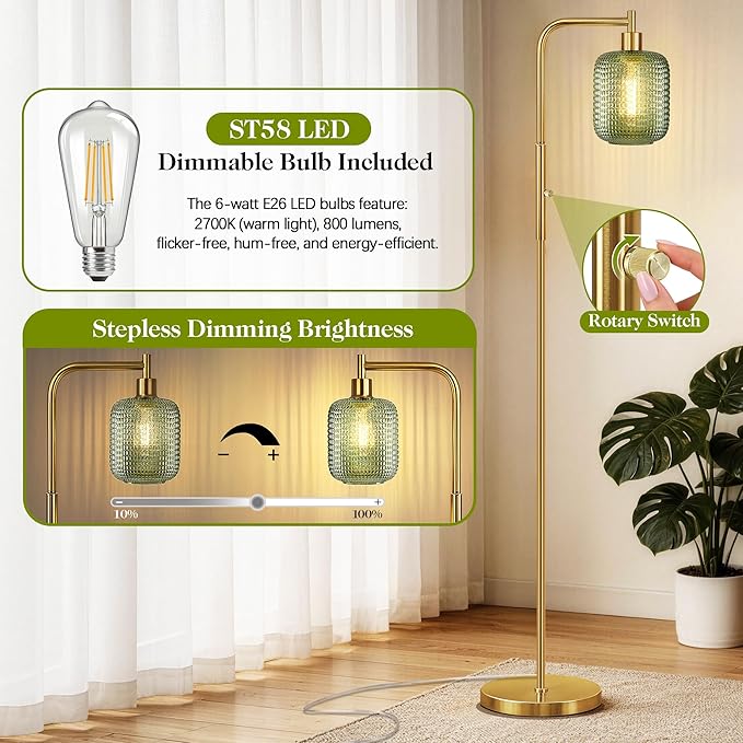 QiMH Floor Lamps for Living Room, Gold Standing lamp with Green Glass Lamp Shade, 67" Tall lamp with Rotary Switch, Dimmable Floor Lamp for Bedroom Office, 2700K Bulb Included