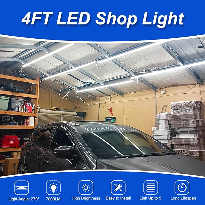 XLNYUUI Led Shop Lights,4FT LED Light 50W 6500K 7000LM Led Daylight,Garage Light Linkable Clear Cover Integrated V-Shape for Garage Warehouse Workbench Workshop(10-Pack)