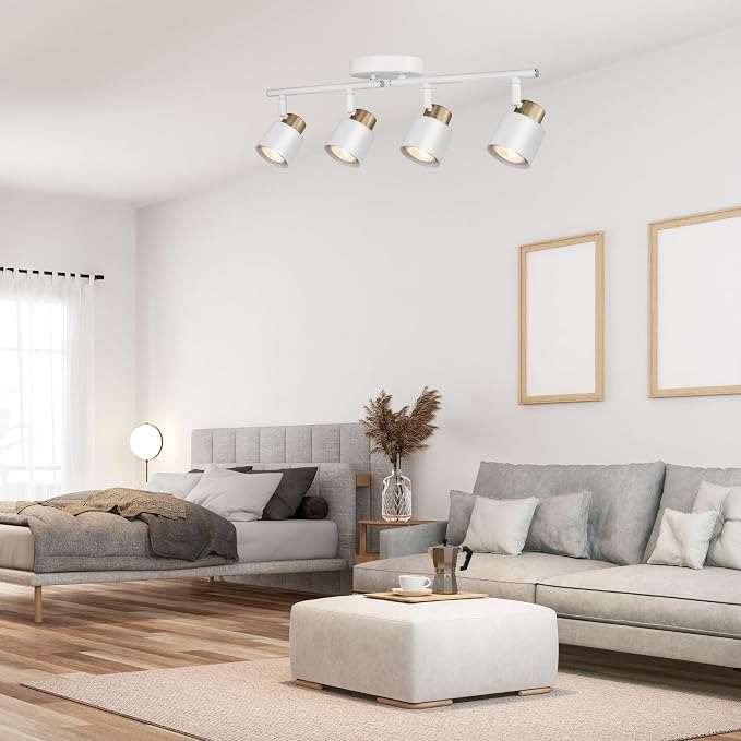 4 Light Track Lighting Kit, Matte White Brass Finish Adjustable with Modern Flush Mount Ceiling Spotlight for Kitchen,Dining,Living Room,Home Improvement