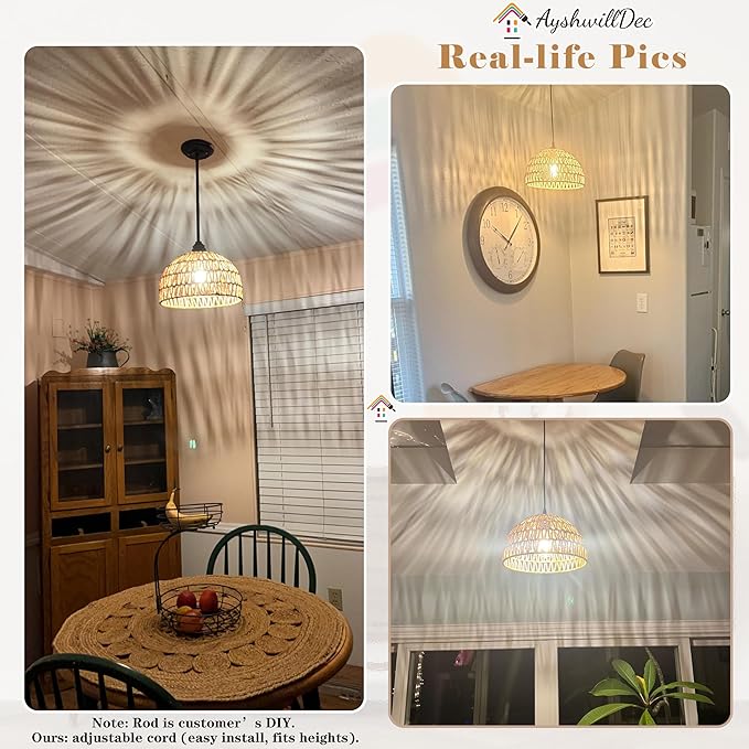 2 Pack Hemp Rope Woven Pendant Light Woven Light Fixture Boho Chandelier Light Fixture Wicker Pendant Lights Rattan Dome Wicker Chandelier for Dining Room Kitchen Island (Bulb Incl.