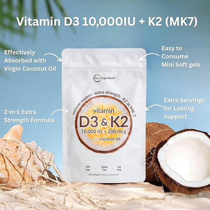 Micro Ingredients Melatonin Gummies & Vitamin D3 10,000IU + K2 Softgels | Bundle | Sugar-Free BlackBerry Cherry Flavor | No Drug, Non-Habit-Forming Ingredients | D & K Sunshine Vitamins + Coconut Oil