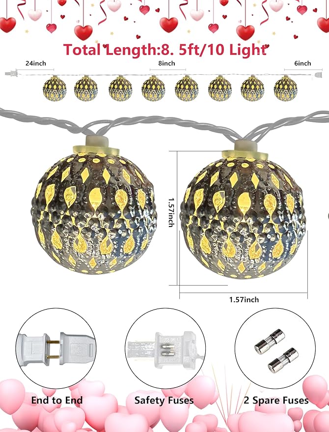 8.5Ft LED Moroccan Style String Lights Plug in, Outdoor Ramadan Decorations String Lights with 10 Silver Metal Ball Lights, Hanging Warm White Globe Fairy Lights for Ramadan Day Wedding Party Home