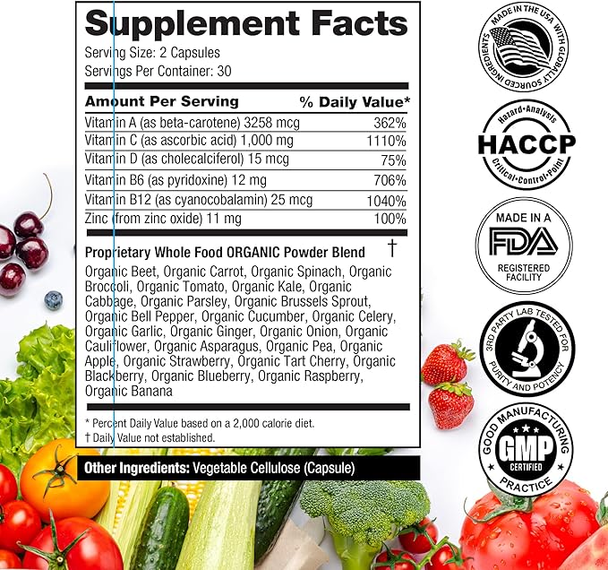 Complément alimentaire FeelGood Superfoods 1000mg Soutien Immunitaire à base de 25 fruits et légumes biologiques, puissant stimulant immunitaire avec vitamines A, C, D3 et Zinc, 60 capsules