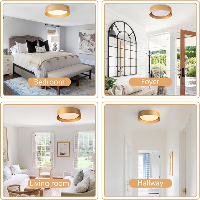 Bargeni 16.5" Gold Flush Mount Ceiling Light, LED Ceiling Fixture | 30W dimmable LED light with 3000K warm glow, ideal for living rooms, bedrooms, hallways and foyers