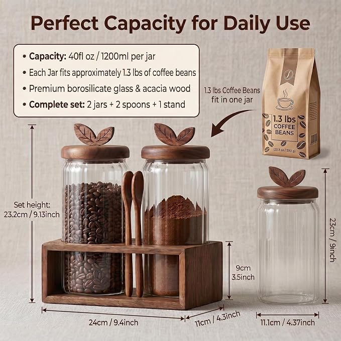 Glass Coffee Canister Set of 2 with Acacia Wood Lids and Spoons - Airtight Coffee Container for Ground Coffee, Sugar - Coffee Bar Accessories with Organizer Tray for Kitchen Counter (40floz Each)