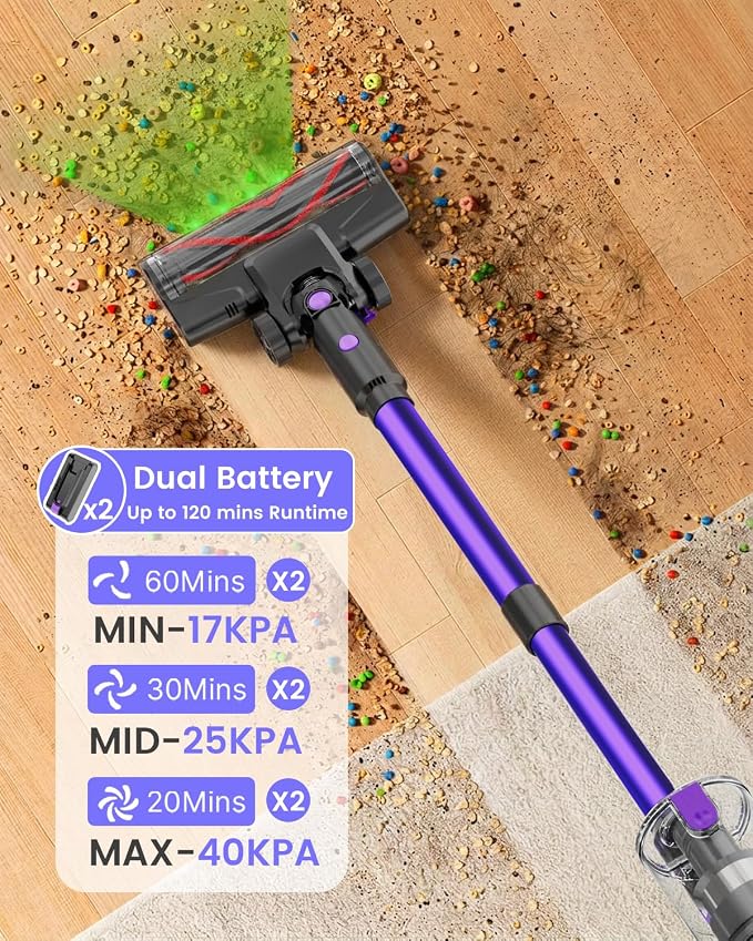 Cordless Vacuum Cleaner, 120Mins Runtime with 2 Batteries, 500W 40KPa Vacuum Cleaners for Home, Green Light Anti-Tangle Brush & Wall Mount Charging, Lightweight for Pet Hair Carpet Hard Floors