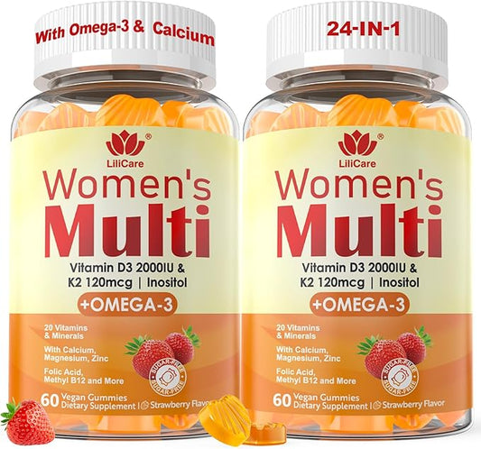 Gummies Multivitaminées pour Femmes avec Oméga 3 (DHA/EPA), Vitamine D3 K2, Calcium, Inositol, Vitamines Quotidiennes A C E B Complexe pour Femmes, L-Méthylfolate, Méthyl B12, Multivitamines et Minéraux Méthylés Sans Sucre, 120 comprimés