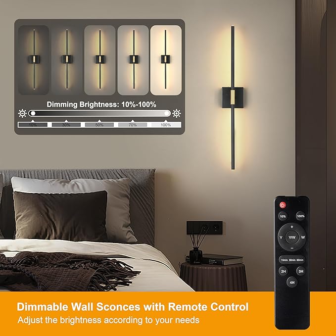 10000mAh Battery Operated Wall Sconces Set of 2, 3 Color Dimmable Rechargeable Wall Light with Remote, 24 Inch Black Gold Wireless Sconces Wall Decor with Timer Function for Living Room, Bedroom, TV
