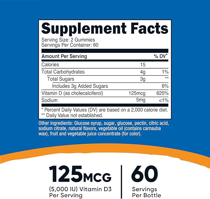 Nutricost Vitamine D3 Gommes 5 000 UI (125mcg), 120 Gommes - Saveur Baies Mélangées, 60 Portions