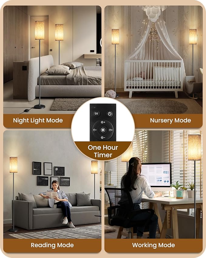 2Pack 64.2” Dimmable Floor Lamp for Living Room with Remote & Foot Switch, Corner Floor Lamp for Bedroom, Includes A19 Bulb, Modern Standing Tall Lamp, ETL Listed Beige and Black E17LDP205