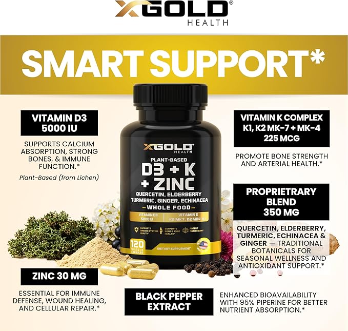 Complément alimentaire complet 8 en 1 : Vitamine D, K2, K1, Zinc, Quercétine, Sureau, Curcuma, Gingembre et Échinacée - D3 5000 UI végétale issue du lichen, Vitamines K (K2 MK7, MK4, K1), Vitamines D3 K2 - 120 capsules