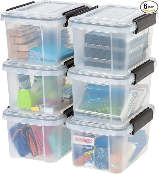 IRIS USA WeatherPro 6 Qt Storage Bins with Lids, 6 Pack, BPA-Free Plastic Gasket Box with Tight Latch and Seal, Stackable Nestable Tote Tub - Clear/Black