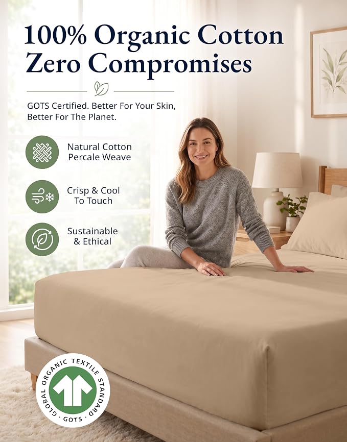 LANE LINEN 100% Organic Cotton Fitted Sheet Queen (+Pillowcases), Soft & Comfy Breathable Naturally Cooling Low Pill Oeko Tex Certified Queen Deep Pocket 15" - Taupe