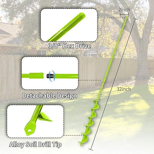 TCBWFY 2x32 Inch Auger Drill Bit for Planting - Long Handle Easy Planter Garden Auger - Bulb & Bedding Plant Augers - Post Hole Digger for 3/8”Hex Drive Drill