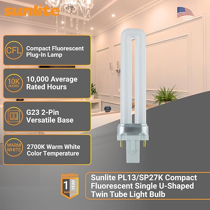 Sunlite PL13/SP27K Compact Fluorescent Single U-Shaped Twin Tube Light Bulb, 13 Watts, 120 Volts, 720 Lumens, 2-Pin GX23 Base, 2700K Soft White, 10 Pack