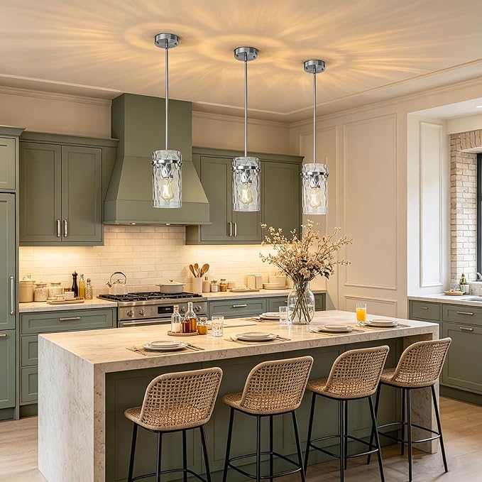 5.5" Nickel Hammered Glass Pendant Light, Brushed Nickel Kitchen Pendant Lights, Modern Kitchen Island Light Over Dining Light Fixture Bedroom Foyer 1 Pack