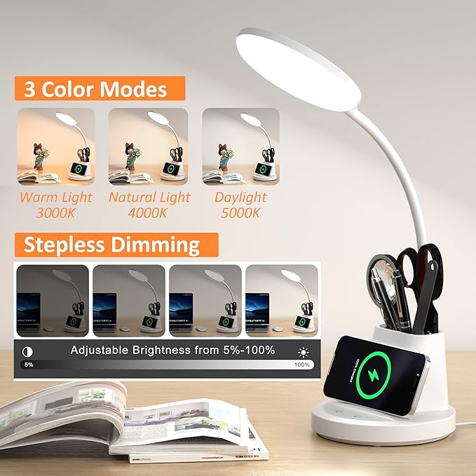 Desk Lamp for Home Office, LED Desk Lamp with Wireless Charger Pen Phone Holder, Dimmable Desk Light 3 Color Modes, College Dorm Study Lamp for College Dorm, CRI 90 800 Lumen