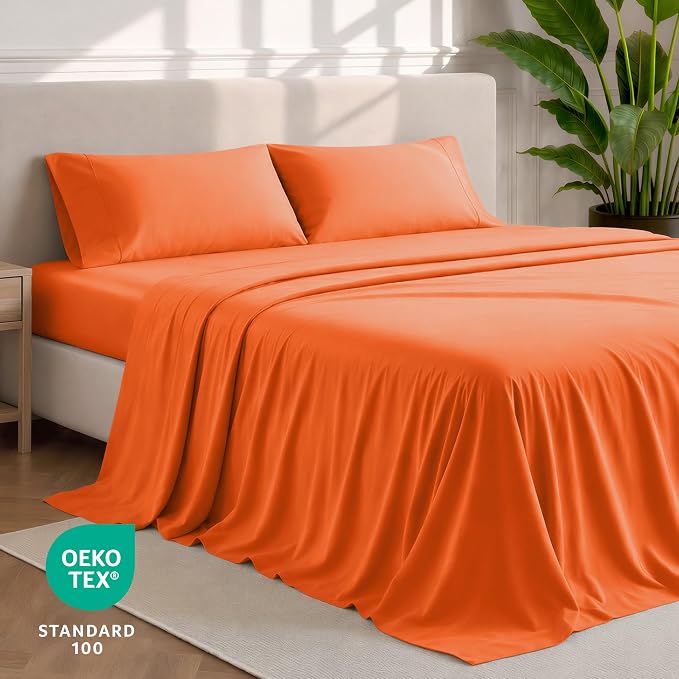 Bare Home Queen Sheet Set - 1800 Ultra-Soft Microfiber Queen Bed Sheets - Double Brushed - Deep Pockets - Easy Fit - 4 Piece Set - Bedding Sheets & Pillowcases (Queen, Orange)