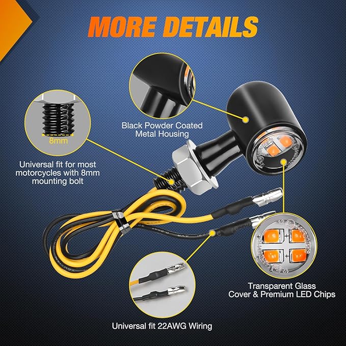 Nilight Motorcycle LED Turn Signals Front Indicator Light Yellow Beam Mini Size Blinkers Compatible with Harley Honda Kawasaki Suzuki Triumph Yamaha Cruiser