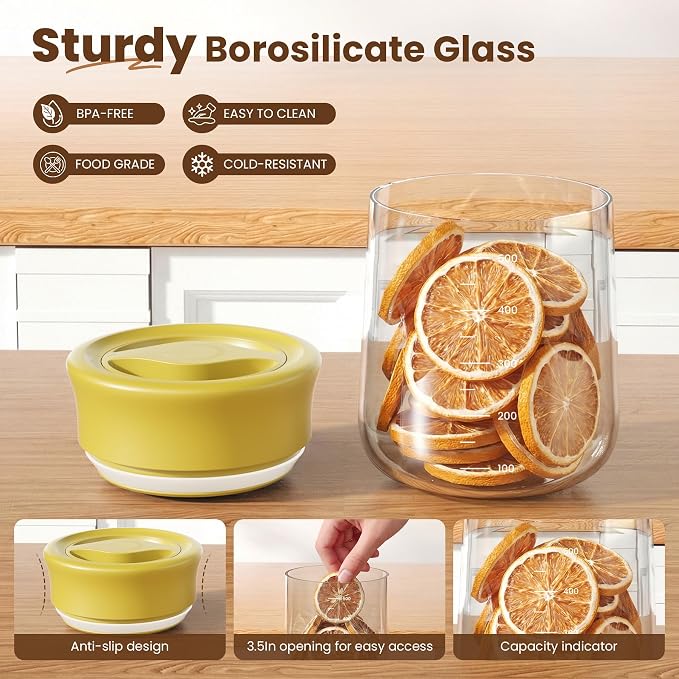 OURCABECUE Wide Mouth Mason Jar 16oz, Newly Upgraded Easy Open Rotating Lid, Food Grade Glass Storage Jar set of 2, for Meal Prep Overnight Oats Yogurt Snacks Candy Jars