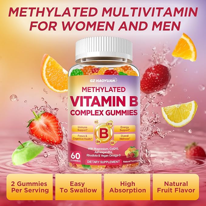 Methylated Vitamin B Complex Gummies for Women & Men with Vitamin B1, B2, B3, B5, B6, B7, B9, B12 & Magnesium, Omega-3, CoQ10, Supports Brain Health, Energy, Immune, Sugar Free, Fruit Flavor, 60ct
