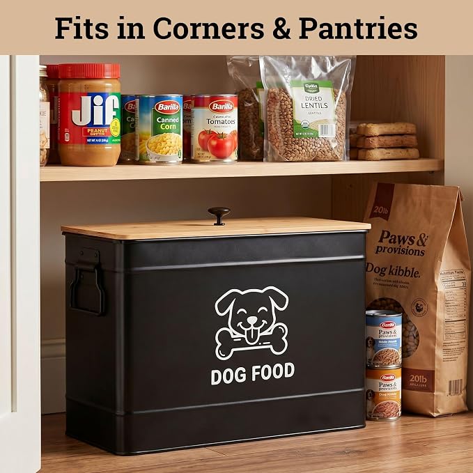 Dog Food Container Airtight 15 lb (50 Cup) Capacity with Metal Scoop - Cute Airtight Dog Food Storage Container with Bamboo Lid - Black Metal Kibble Storage Bin for Dogs up to 100 lbs - Big Pet Jar