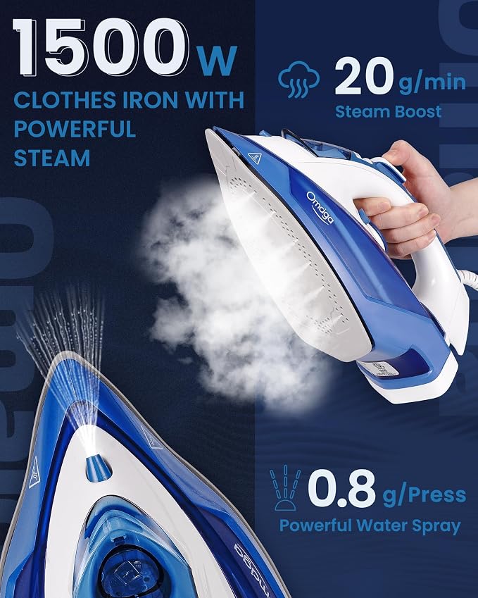 OMAIGA Steam Iron for Clothes, 1500W Clothes Iron with 3-Way Auto-Off, Non-Stick Ceramic Soleplate, Iron for Clothes with 11.84oz Water Tank, Self-Cleaning, Anti-calc, White