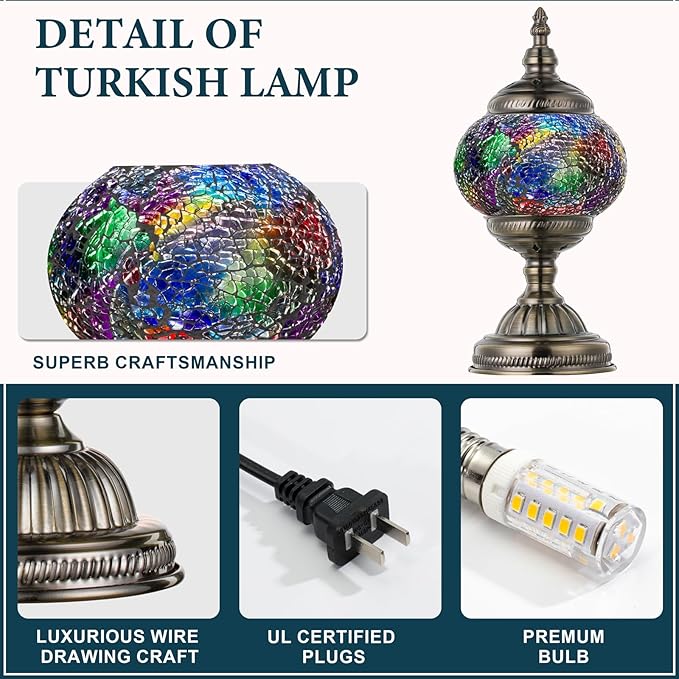 Marrakech Turkish Lamp Mosaic Table Lamps with Tiffany Style, Handmade Moroccan Lamp with Bronze Base Including LED Bulb for Living Room Bedroom Decor (Shard Colorful)