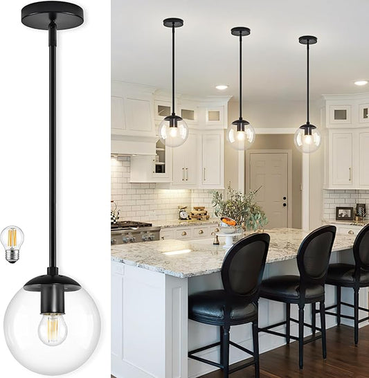Bagood 6 Inch Globe Pendant Light Black Mid Century Pendant Light Clear Glass Pendant Lights Kitchen Island Mid Century Adjustable Hanging Farmhouse Pendant Lights Fixtures for Kitchen Island