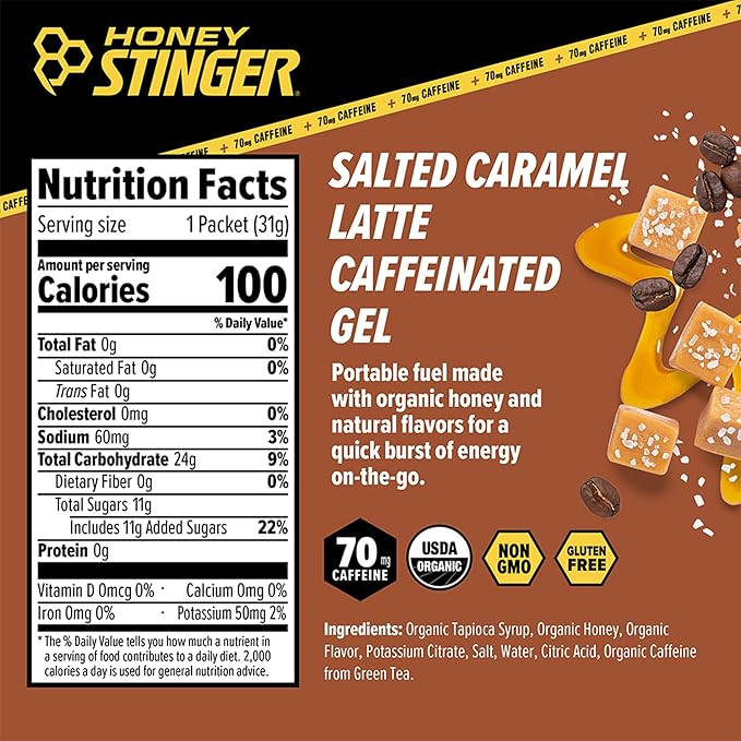 Honey Stinger Organic Salted Caramel Energy Gel, Caffeinated & Gluten Free, for Exercise, Running and Performance, Sports Nutrition for Home & Gym, Pre and Mid Workout, 12 Pack, 13.2 Ounce