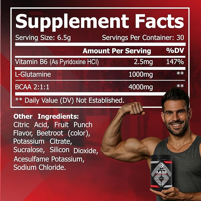 Fossil Fuel Sugar-Free BCAA Powder – Post-Workout Muscle Recovery with BCAAs, Glutamine, Vitamin B6, Amino Acids, Endurance & Hydration, Fruit Punch (30 Servings)