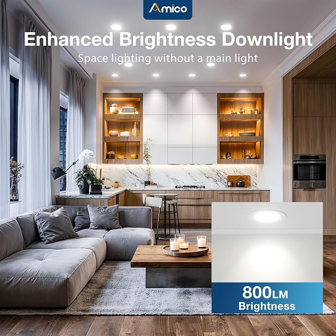 Amico 24 Pack 4 Inch 5CCT Ultra-Thin LED Recessed Ceiling Light with Junction Box, 2700K/3000K/3500K/4000K/5000K Selectable, 800 Lumens, Dimmable Canless Wafer Downlight, 10W Eqv 60W-ETL&FCC