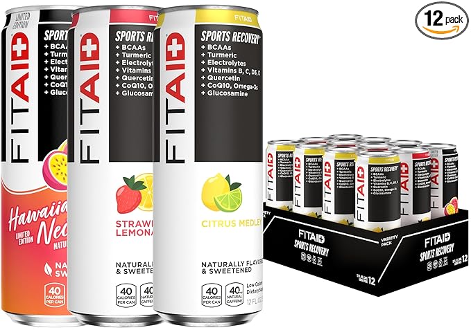FITAID Recovery Blend Variety Pack BCAA Glucosamine Electrolytes Omega-3s Green Tea 100% Clean Paleo Vegan & Gluten-Free Naturally Sweetened & Flavored 12-oz. cans (Pack of 12) - Packaging May Vary