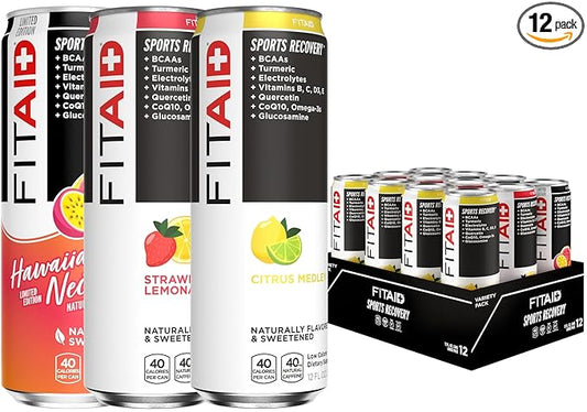 FITAID Recovery Blend Variety Pack BCAA Glucosamine Electrolytes Omega-3s Green Tea 100% Clean Paleo Vegan & Gluten-Free Naturally Sweetened & Flavored 12-oz. cans (Pack of 12) - Packaging May Vary