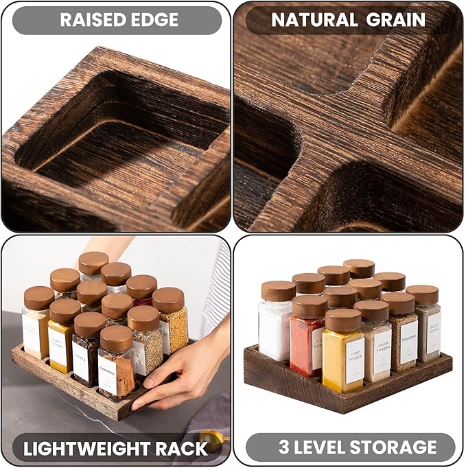 Yangbaga Glass Spice Containers for Kitchen: 24p 4oz Durable Glass Dishwasher Safe Jars w/2p Rack for Cooking Enthusiasts- Airtight Acacia lid 500X Open-Close no Loose - Gift/Daily Use for Housewives