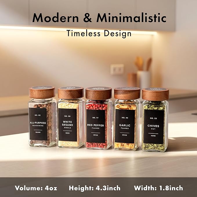 EDELHAUS Square Spice Jars with Acacia Wooden Lid (Pack of 36) Spice Jars with Shaker Insert and 240 White Labels - Acacia Lid Glass Container for Spice Organisation [4.3 in × 1.8 in]