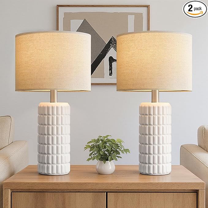 23" Modern Ceramic Table Lamps Set of 2 - Table Lamps for Living room, Farmhouse Bedside Night Stands Lamp for Bedroom, White Boho Nightstand Lamps Set of 2, Desk Lamp for End Table Home Decor