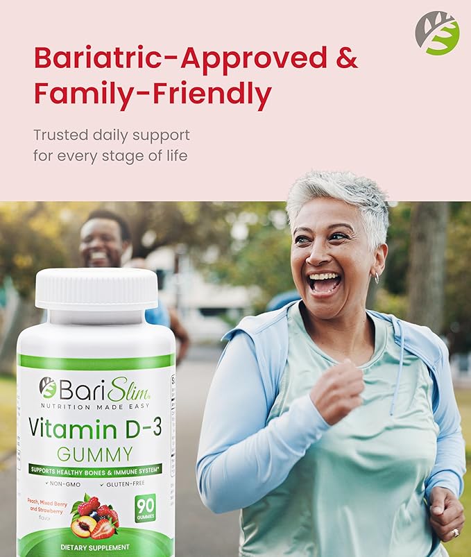 BariSlim Vitamines D-3 Gélifiées Bariatriques - Vitamine Gélifiée Spécialement Formulée pour les Patients Après une Chirurgie Bariatrique - Facile à Digérer et Saveurs de Fruits Délicieuses | 90 Gommes aux Fruits