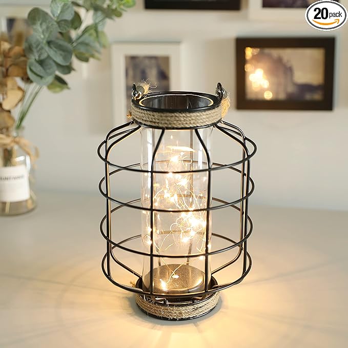 JHY DESIGN Metal Cage LED Lantern Battery Powered,9.4" Tall Cordless Accent Light with 20pcs Fairy Lights Great for Weddings Parties Patio Events Indoors Outdoors.