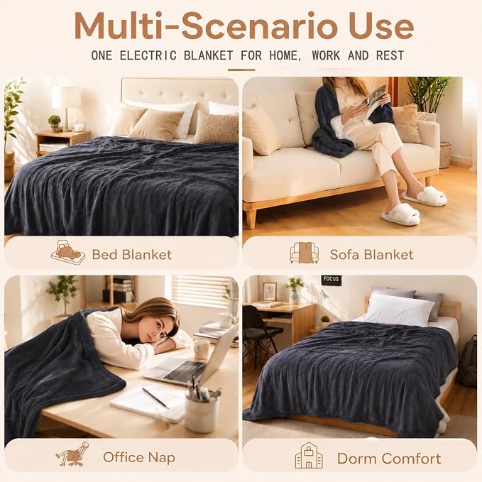 LUXIAN Electric Heated Blanket Full Size 72"x84", Fast Heat & 9 Temp & 1-10H Timer, for Seniors/Adult/Office/Dorm/Pets, on Bed/Couch/Desk/Floor, Get Warm Fast & Washable, Iron Gray