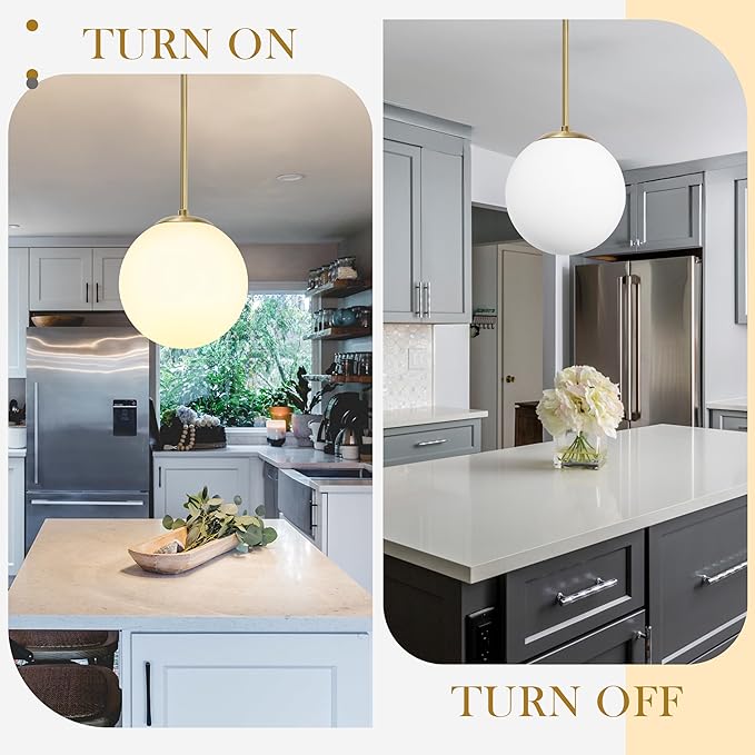 Bagood 14" Globe Pendant Light 3-Light Gold Mid Century Modern Light Fixture Milk Glass Pendant Light Globe Pendant Lights Kitchen Island Brushed Brass Finished with Milk Glass Lampshade for Bedroom