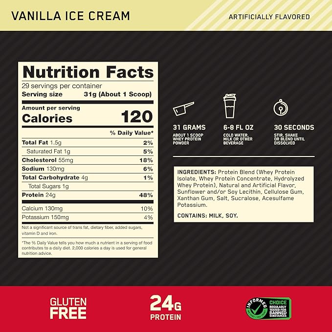 Optimum Nutrition Gold Standard 100% Whey Protein Powder, Vanilla Ice Cream, 2 Pound (Packaging May Vary)