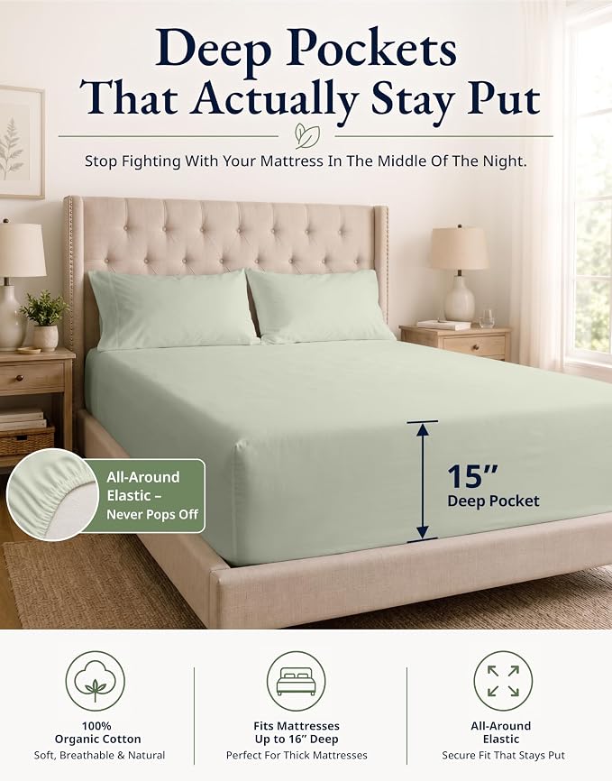 LANE LINEN Full Size Fitted Sheet & Pillowcases (No Flat Sheet) - 100% Organic Cotton Soft & Breathable Percale Weave For Crisp & Cool Sheets - 15'' Deep Pocket For Snug Fit - GOTS Certified - Mineral