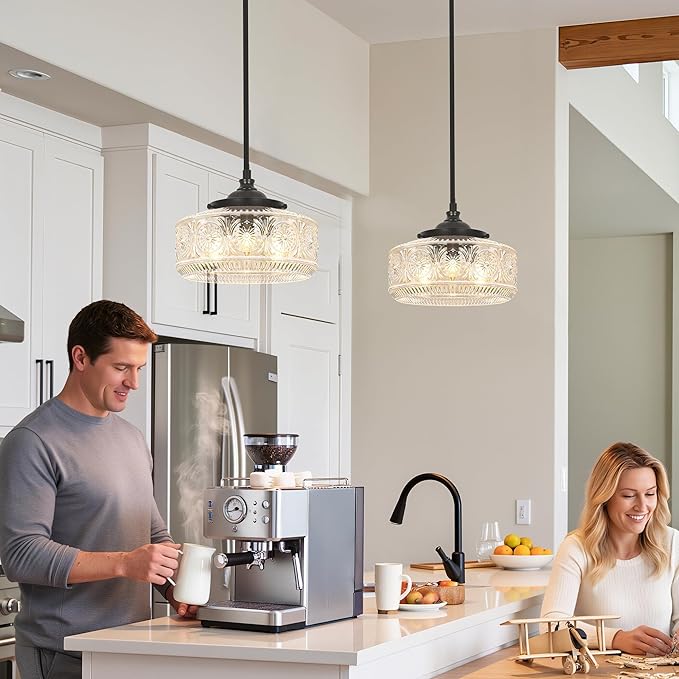 Modern 3 Lights Drum Pendant Light with Etched Glass Shade, Adjustable Height Black Pendant Lights Kitchen Island, Chandelier for Dining Room, Bedroom, Hallway, Bathroom, E12 Base, Bulbs Not Included