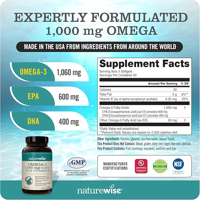 NatureWise Vitamine D3 5000 UI (125 mg) 360 capsules + Huile de poisson Oméga-3 1000 mg avec Vitamine E 180 capsules - Lot pour le soutien de l'immunité, des os et de la santé cardiaque - Sans gluten, sans OGM, gélatine Halal