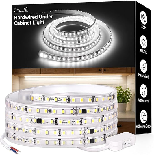 cambk 72inch Hardwired Under Cabinet Lighting for Kitchen,120V Wired Undercounter Led Strip Lights 6000K White Waterproof, Luces para Cocina Bajo Gabinete Under Shelf Lights for Sink/Workbench