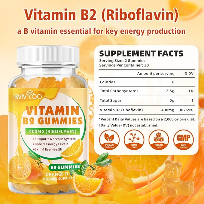 Lot de 2 Gommes Vitamine B2 - Riboflavine 400 mg pour Enfants et Adultes, Soulagement des Migraines et des Maux de Tête, Véganes, Sans Sucre, Arôme Orange, 120 Gommes