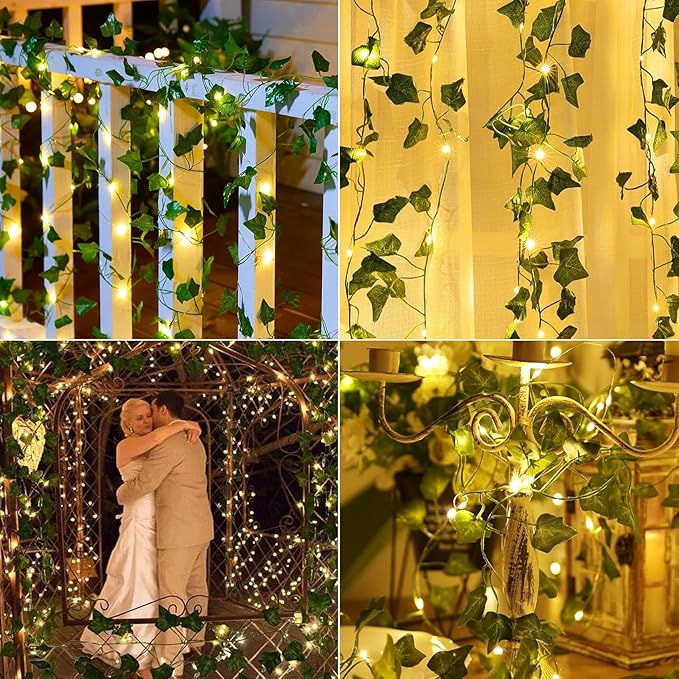 KASZOO 33ft 100 LED Vine with Fairy Lights with Remote, Fake Vines String Lights Battery/USB Operated, Ivy Garland, Leaf Lights for Bedroom Garden Party Wall Room Decor